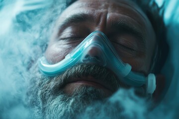 An aging man with a respirator resting peacefully in a hospital bed. The image is a testament to advanced healthcare and the assurance it provides in aging.