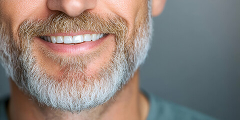 Fototapeta premium Man's Smiling Face with Grey Beard, Showing Healthy Teeth. Bright, confident smile radiates joy and well-being.
