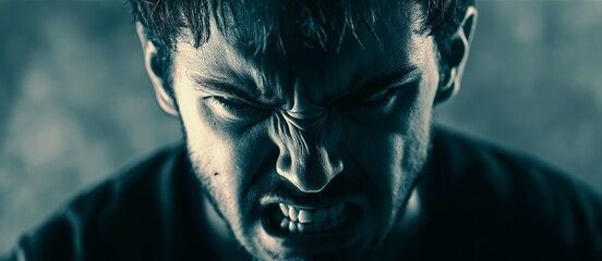Close-up of a man's fierce expression showing rage and emotion, captured in a highly dramatic pose.