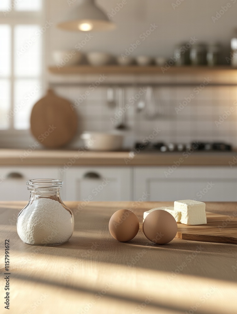 Poster ingredients for baking laid out on a wooden kitchen counter with ample copy space for creativity. ge
