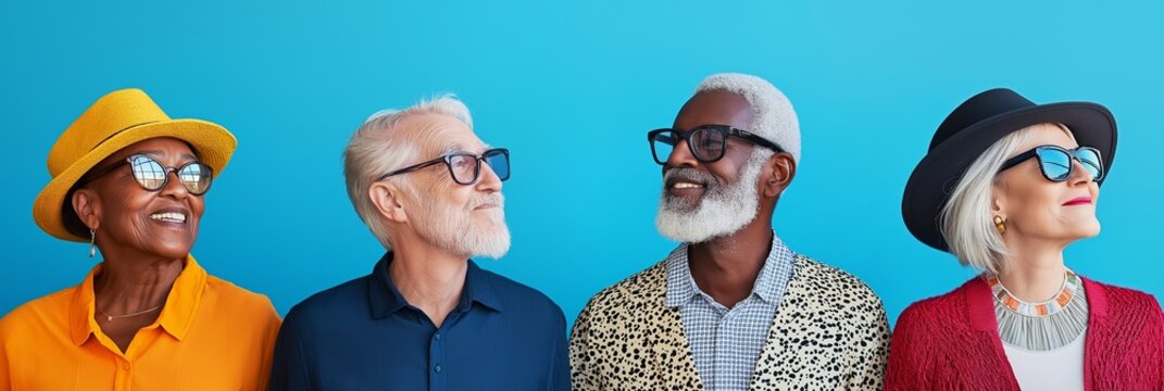 An elegant group of stylish seniors, exuding confidence and camaraderie in a vibrant, outdoor setting.