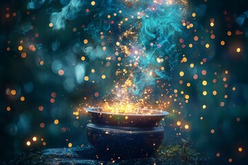 A mystical cauldron releases enchanting smoke and sparkles.