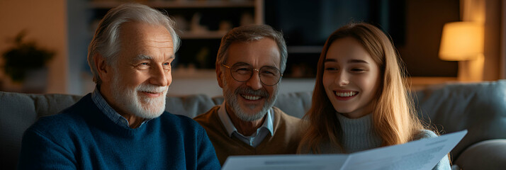 Family Reading Documents Together Joyfully at Home, Sharing News and Discussing Important Matters with Smiles and Enthusiasm.