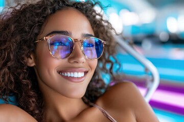 A vibrant portrait of a smiling woman wearing stylish sunglasses, basking in sunlight, radiating positivity and joy, set in a bright and colorful environment.