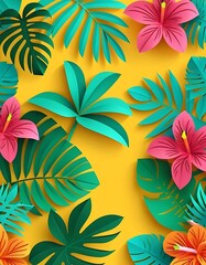 Vibrant Tropical Flowers and Leaves on Yellow Background