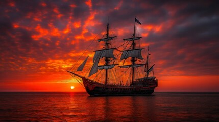 Obraz premium A Viking ship sails into the fiery embrace of the sunset, the vivid colors of the sky painting the scene with intense reds and oranges as the ship navigates the open sea.