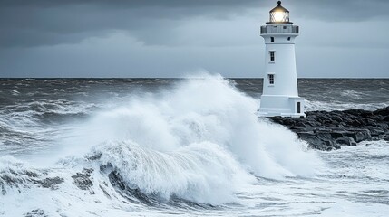 A lonely lighthouse stands tall against a stormy night, its bright beam cutting through the darkness, offering a beacon of hope to sailors battling fierce winds and crashing waves.
