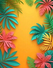Obraz premium Colorful Paper Tropical Leaves Frame Orange Background