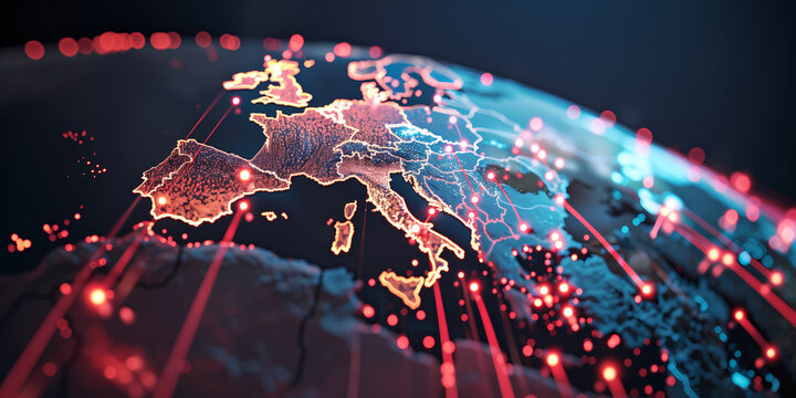 Europe network security, cyber attack, safety warning on digital Earth globe
