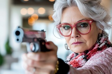 An elderly woman with gray hair and red glasses confidently aims a gun with focused determination, highlighting a mix of strength and defiance.