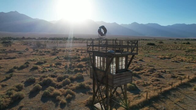 CALIFORNIA - 10.21.2024 - Stunning aerial footage circling counterclockwise around a guard tower at the Manzanar National Historic Site.