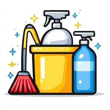 recommend clip art: Cleaning supplies bucket, spray bottles, broom.