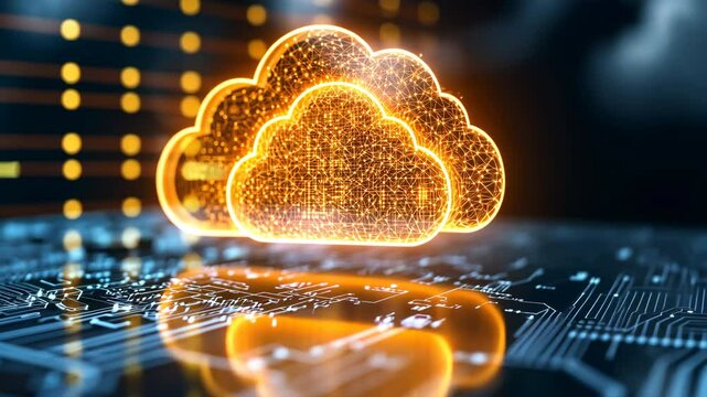 A futuristic illustration showcasing a network of glowing neon structures representing cloud computing data bases, set against a dark background banner.