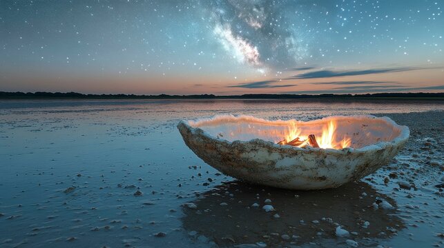 A quiet, reflective moment by a glowing campfire under a starlit sky, the fireâ€™s light flickering in the still air as the vast sky above provides a breathtaking, serene backdrop.