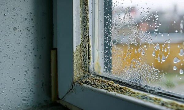 Mold growth on a window frame due to condensation.