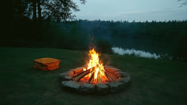 A quiet, reflective moment by a glowing campfire under a starlit sky, the fireâ€™s light flickering in the still air as the vast sky above provides a breathtaking, serene backdrop.