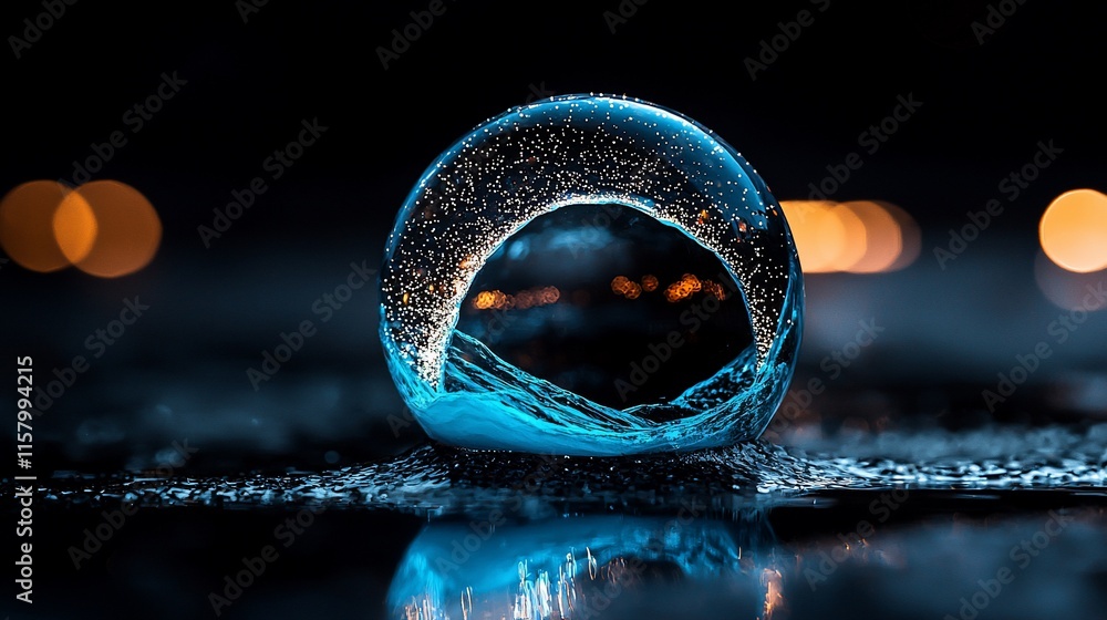 Poster frozen soap bubble with lights reflecting inside.