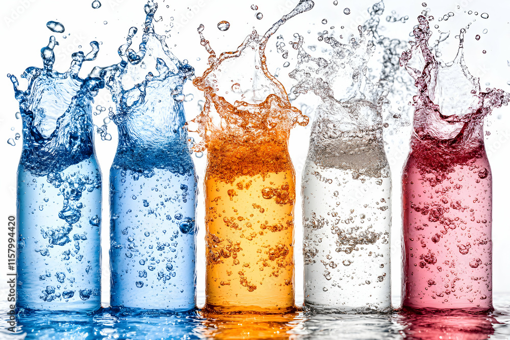 Poster vibrant sparkling drinks in bottles, splashing with refreshing bubbles and colors.