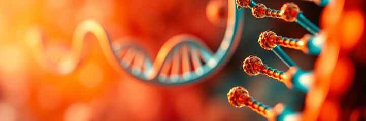 Exploring the intricacies of DNA: A microscopic view of the double helix structure and its components, visualized in a vibrant orange and teal color palette.