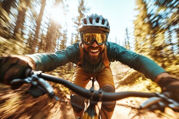 A solo mountain biker wearing safety gear enjoys a thrilling ride through a dense forest, embodying freedom and excitement in the midst of lush natural surroundings.