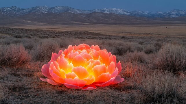 Amidst a desolate landscape, a single glowing flower blooms, its light providing a stark contrast to the surrounding emptiness, embodying resilience and the enduring power of nature.