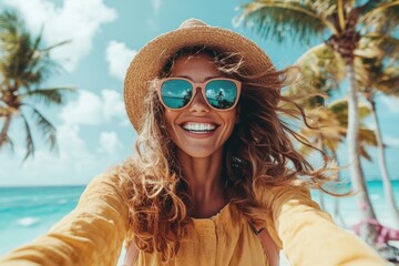A woman in a yellow outfit, with a wide-brimmed hat and sunglasses, enjoys a sunny day at the beach, symbolizing relaxation, happiness, and freedom.