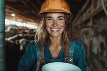 A smiling woman in overalls and an orange hard hat holds a bucket inside a dimly lit barn, representing the hard work and dedication of agricultural life.