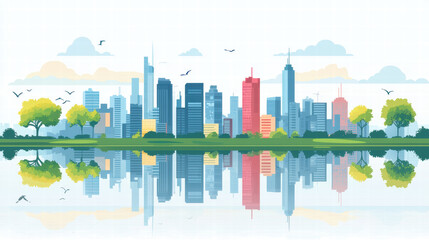 Fototapeta premium vibrant urban skyline reflecting on calm water, showcasing nature