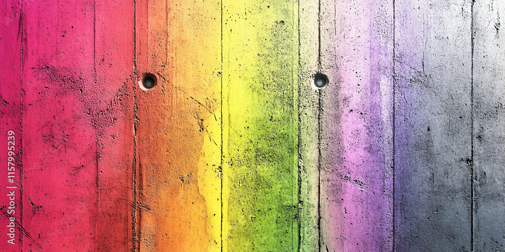 Poster rainbow hues on a textured concrete wall, showing vibrant color variations across vertical stripes, 