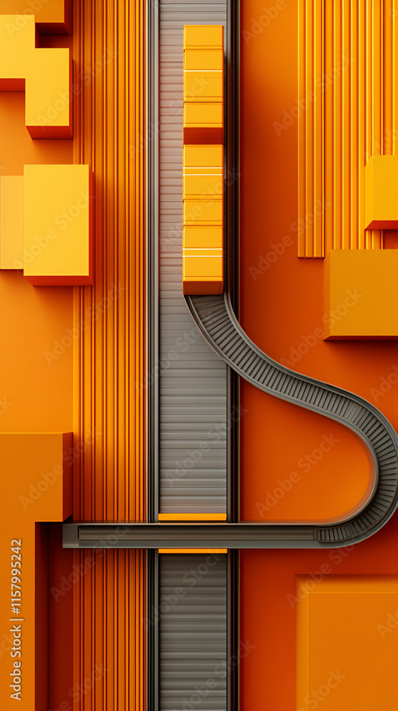 Poster abstract orange conveyor system transports packages efficiently along curved path