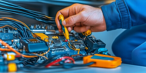 Technician Repairing Circuit Board, Expertly Diagnosing and Fixing Complex Electronics with Precision Tools and Diligent Attention to Detail.