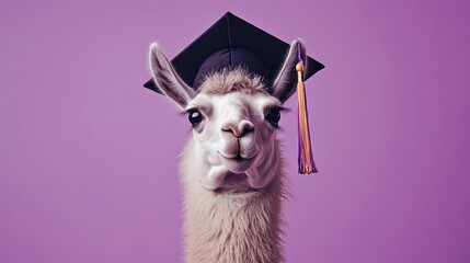 Obraz premium Funny Llama Graduate: Cute Animal in Cap on Pastel Purple Background, Quirky Graduation Concept