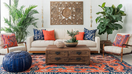 Cozy boho living room with vintage decor, colorful cushions, and plants