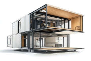 Exploded view of a modern two-story shipping container home.