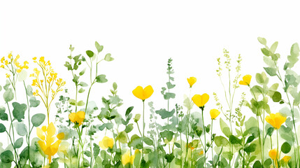 Fototapeta premium Watercolor Meadow, Yellow Flowers & Green Foliage, Vibrant Spring Bloom in Nature's Garden