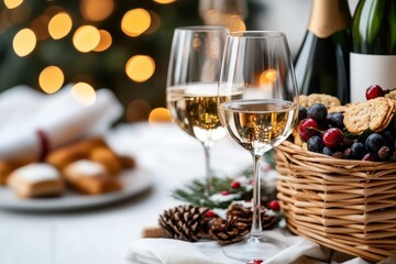 This image captures a charming holiday basket with wine glasses and festive treats like cookies and berries, creating a warm and inviting atmosphere.