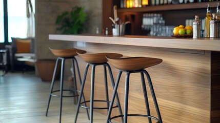 Modern bar with wooden counter and three mid-century style stools.