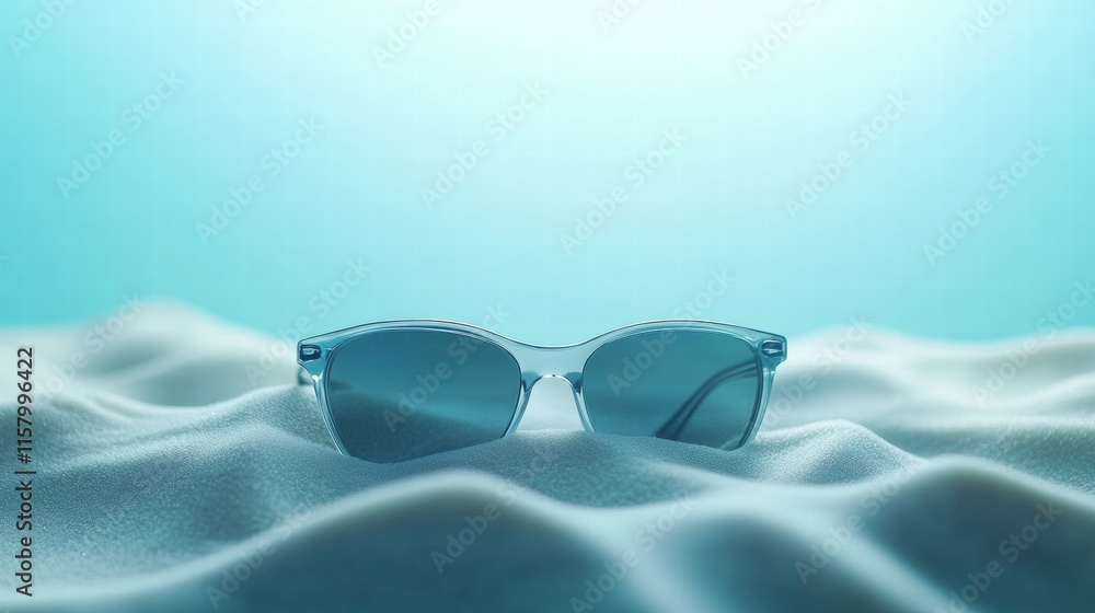 Poster stylish sunglasses resting on soft sand under clear blue water in a serene setting perfect for summe