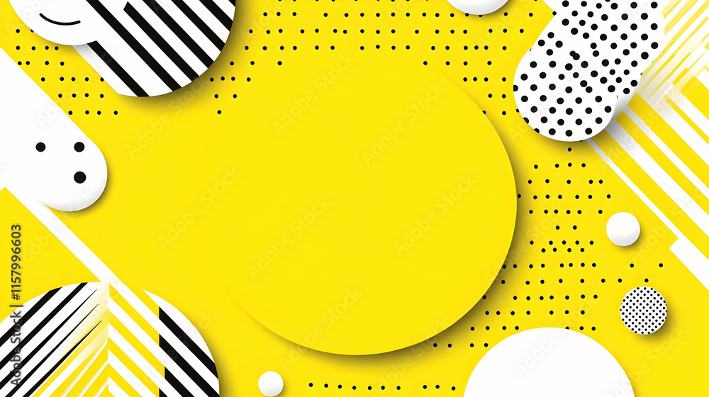 Poster abstract yellow background with geometric shapes and patterns, a vibrant design featuring circles, s