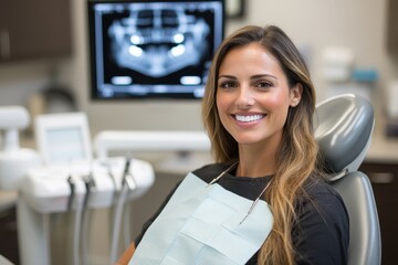 A young woman smiles confidently while sitting in a dental chair, with dental instruments and a bright, clear X-ray visible in the background.