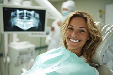 Fototapeta premium A content woman reclines in the dental chair, smiling brightly with a dental X-ray displayed nearby, capturing the essence of a successful dental visit.