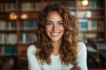 A radiant woman with curly hair smiles brightly in a spacious library, surrounded by aligned shelves of books, evoking a welcoming and joyful atmosphere.