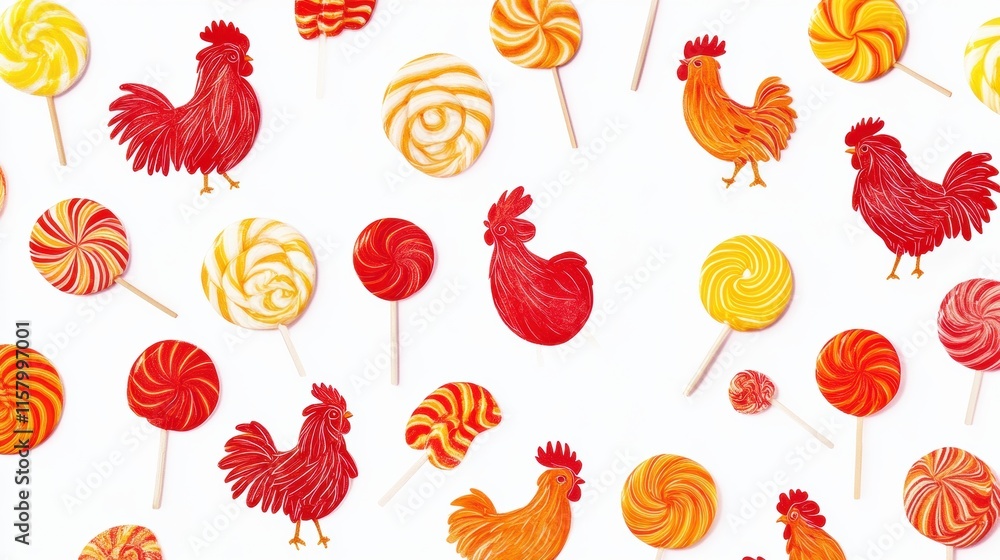 Poster vibrant rooster shaped lollipops on a bright surface with ample copy space for creative designs. gen