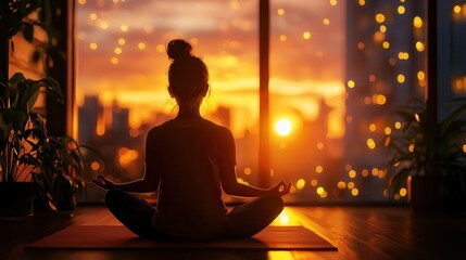 A girl practicing mindfulness meditation on a yoga mat in a peaceful room