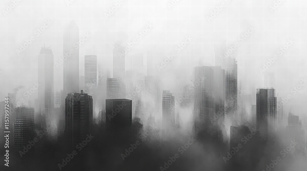 Poster dense smog cloaks city skyline as buildings fade into fog in early morning light. generative ai