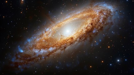 Fototapeta premium A diner drifts peacefully in the center of a starry galaxy, bathed in cosmic light, offering a serene and surreal experience as it floats through the star-filled vastness of space.