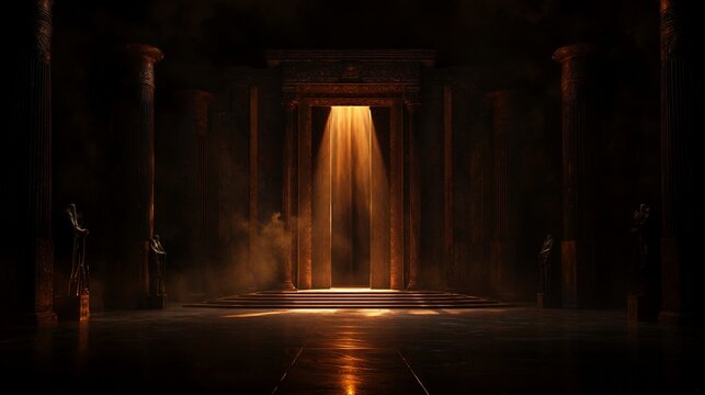 Mysterious ancient temple interior with light beam.