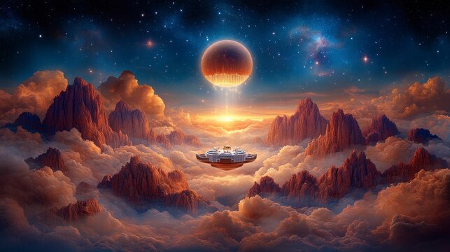 A diner drifts peacefully in the center of a starry galaxy, bathed in cosmic light, offering a serene and surreal experience as it floats through the star-filled vastness of space.