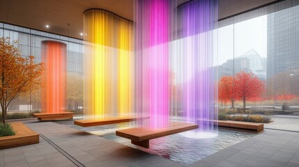 In a mystical park, benches float effortlessly above the ground, while trees shimmer with glowing fountains, their vibrant light cascading down in sparkling streams, creating an otherworldly