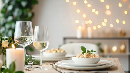 Fototapeta premium romantic dinner setup with candles, wine glasses, and delicious pasta